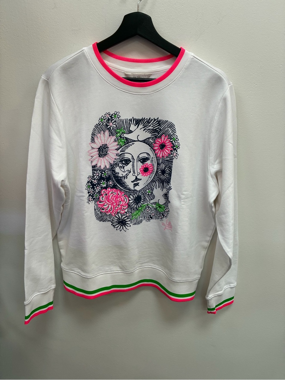 NWT Lilly Pulitzer White Floral Moon Graphic Sweatshirt with Pink & Green Trim
